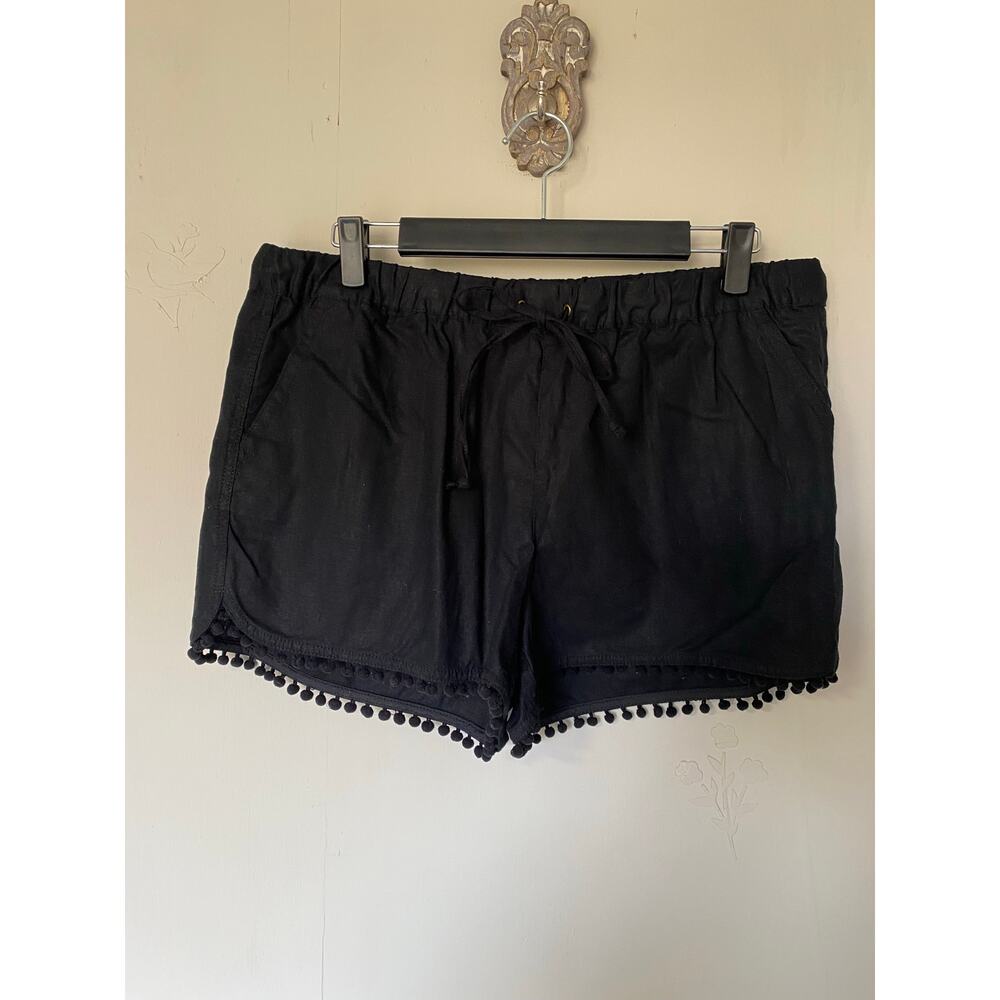 NWT J.Crew Black Linen Cotton Pom Pom Trim Relaxed Drawstring Shorts Large